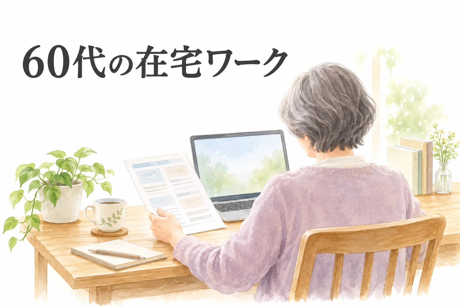 自宅で求人票とパソコンを見比べる60代の読者を描いた水彩イラスト