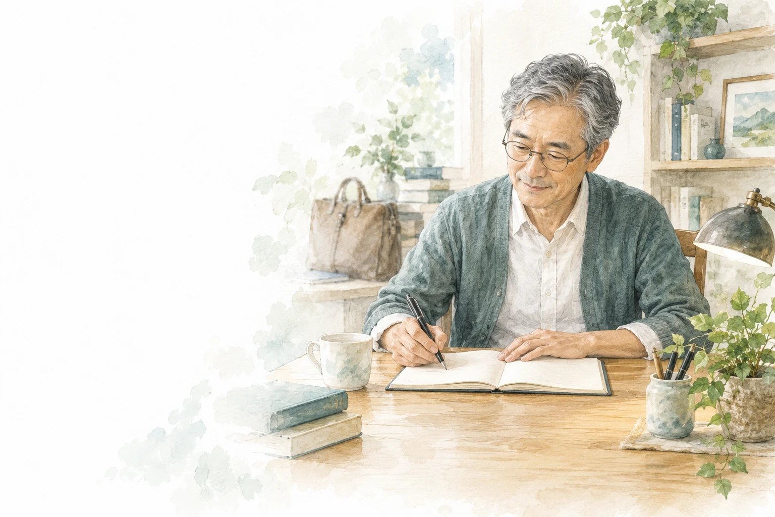60歳の仕事探しに向け、経験をノートに整理する男性の水彩画。