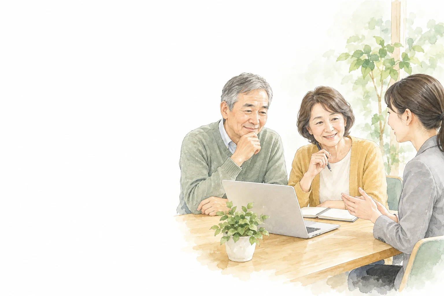60歳の仕事探しで、ノートPCと手帳を前に相談員と話す男女。相談・検索・地域から探し方を選ぶ。