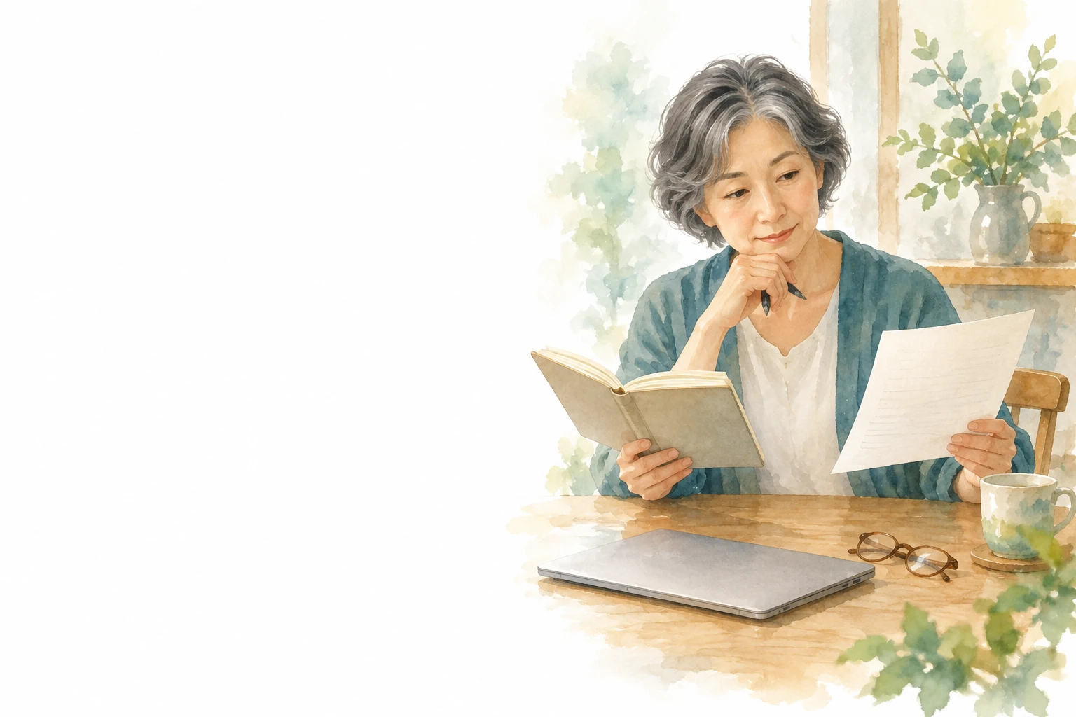 60歳の再雇用の給与相場を調べるため、ノートを開いて書類を見る女性。