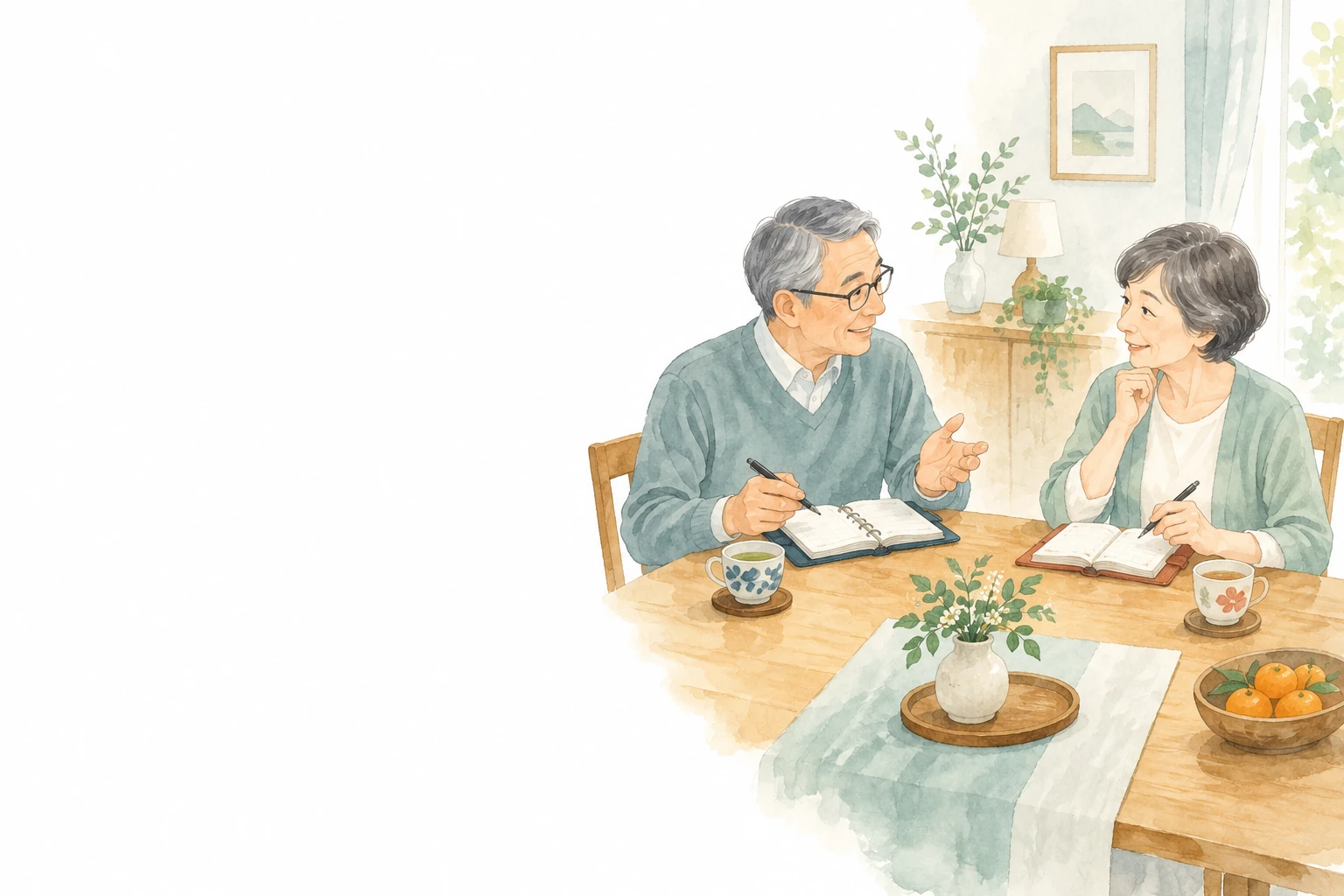 定年後の夫婦が、茶器のあるテーブルを囲んで話している。