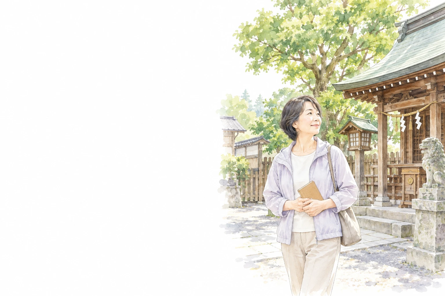 神社巡りで手帳を持ち、木々と社殿を眺める60代女性のイメージ。