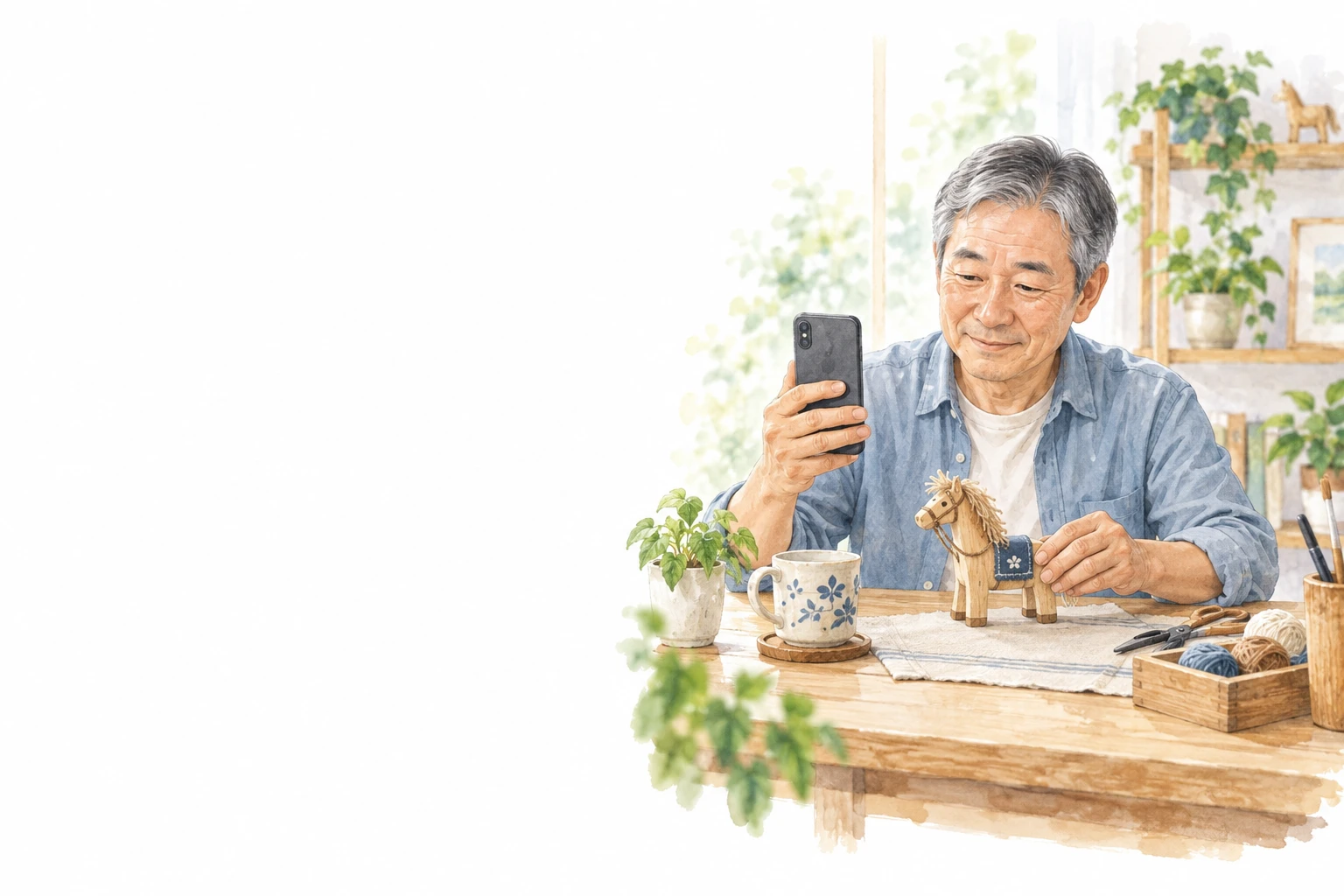 スマホ動画編集の素材を考え、手作りの作品とスマートフォンを手にする男性のイメージ。