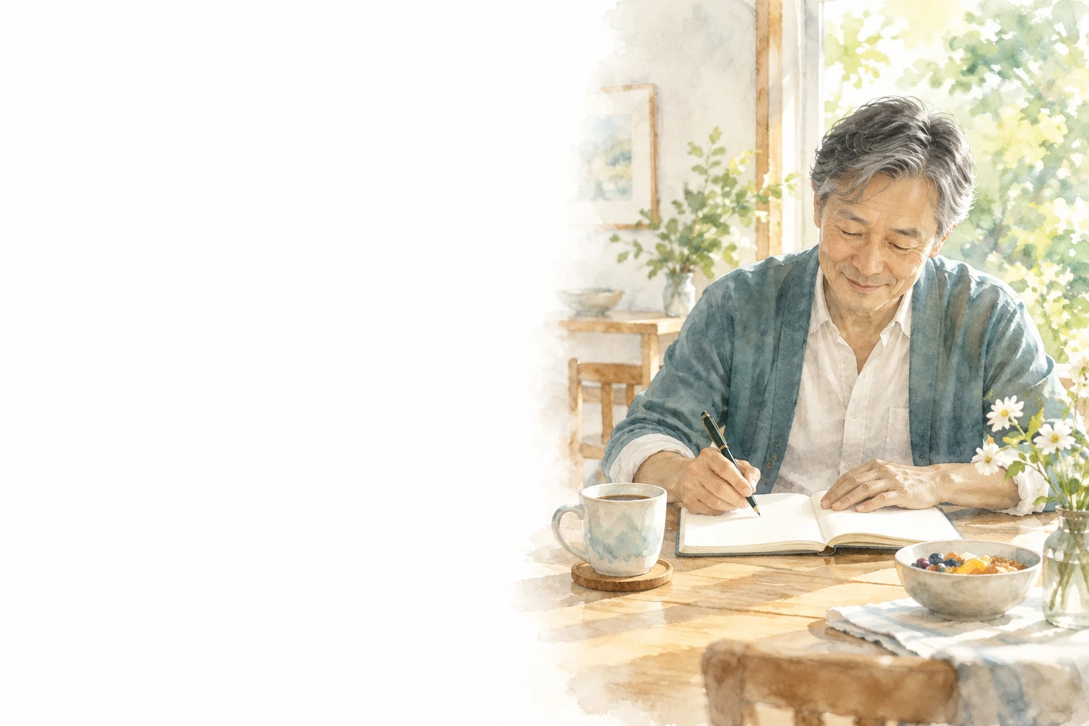 定年後の一日の過ごし方を記録するため、朝食の器とカップのある机でノートに書く男性。