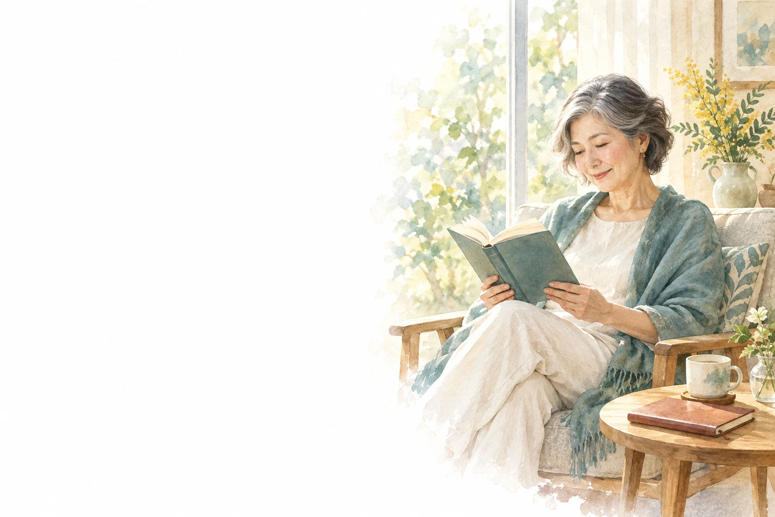 定年後の生き方を考える女性が、窓辺の椅子で本を読む。横の机にカップと手帳がある。