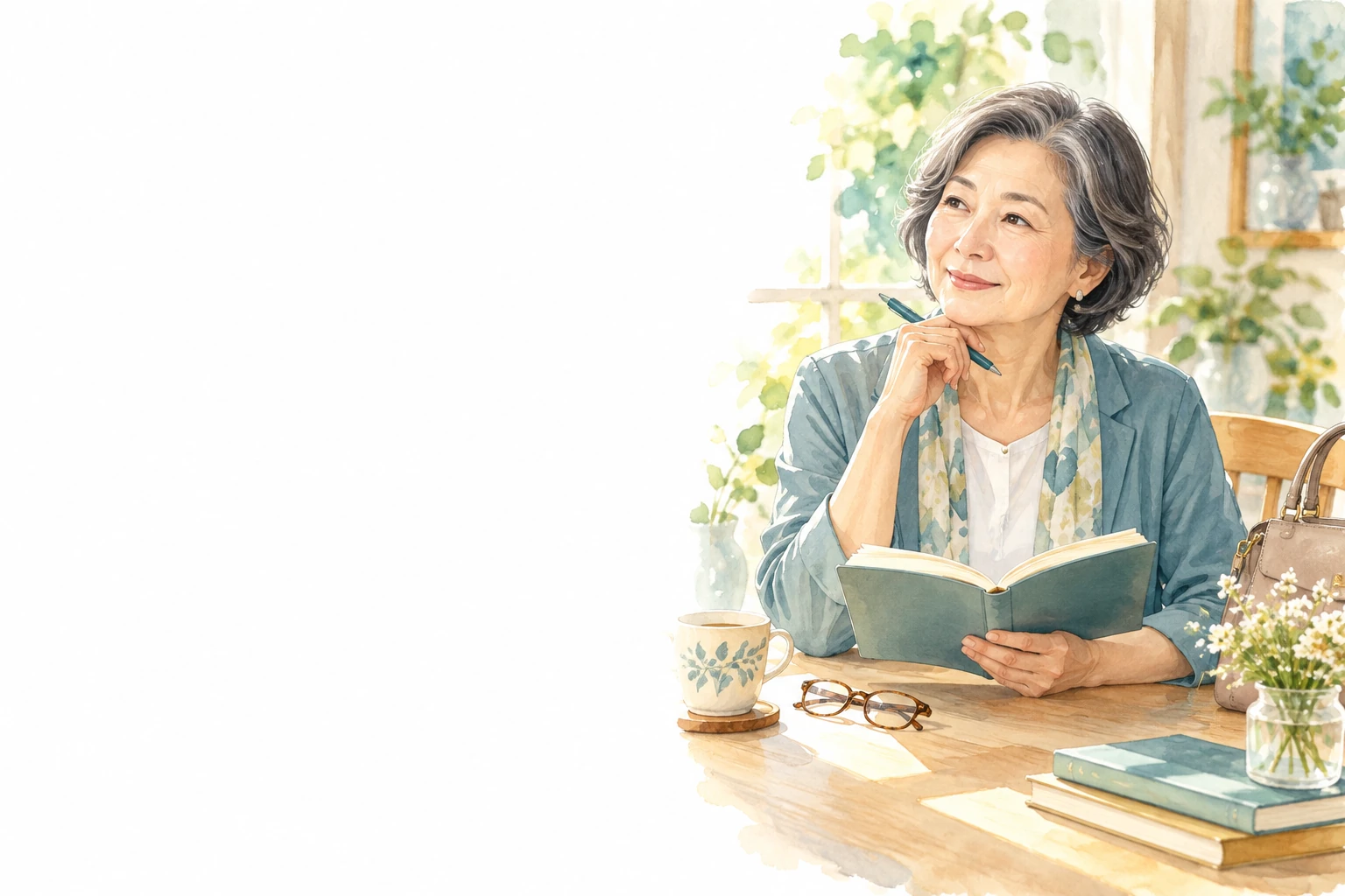 60歳からの仕事を考え、開いたノートを持つ女性。机に本と眼鏡がある。