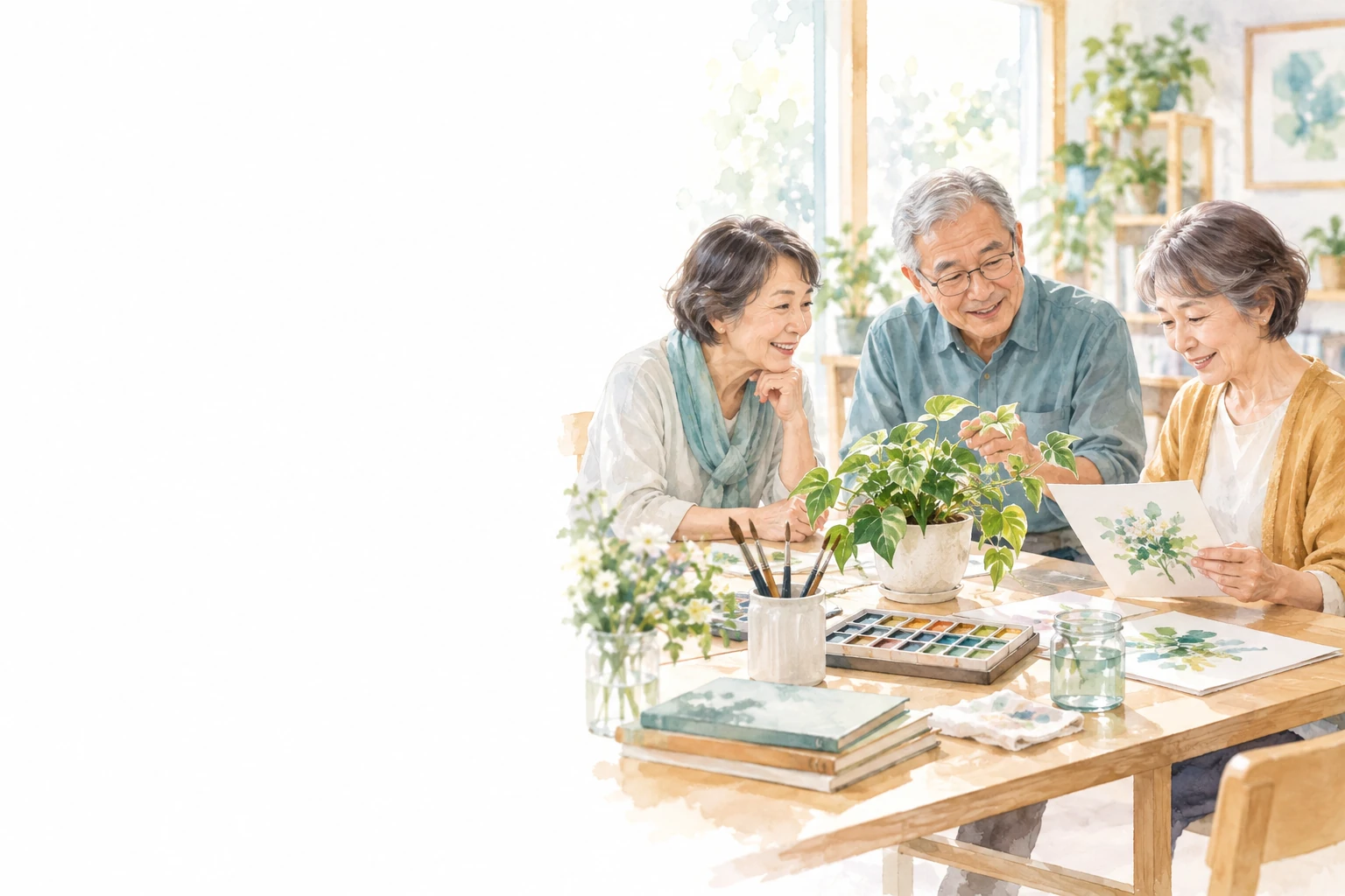 通いの場を表す地域の部屋で、植物と絵の道具を囲み会話する三人。