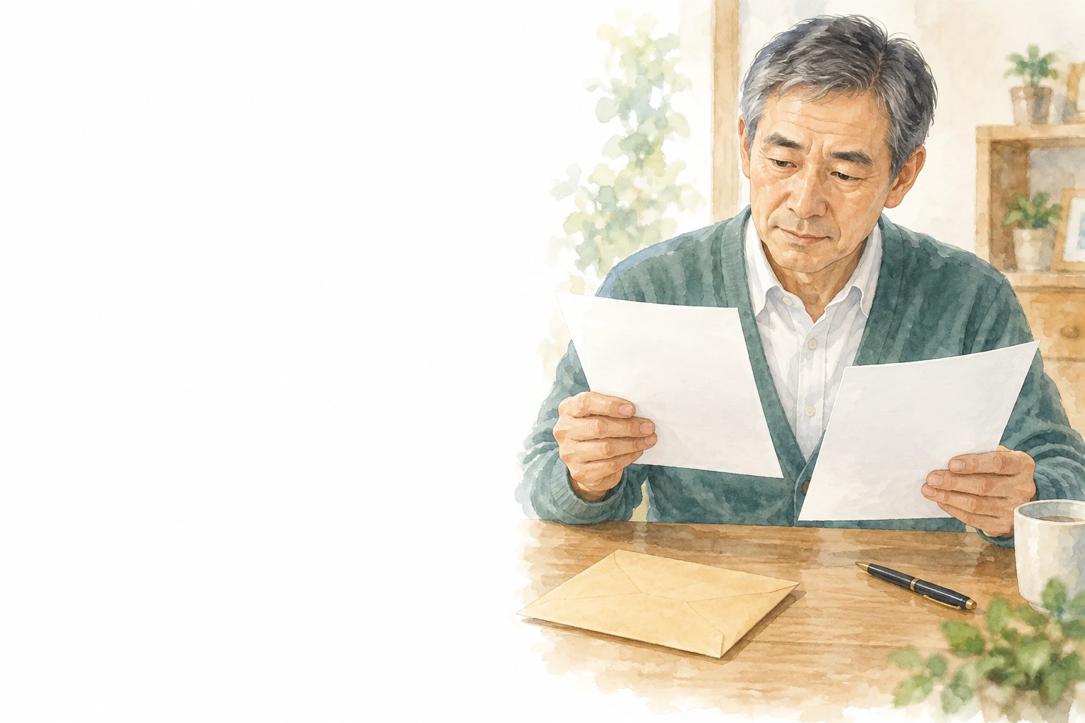 高年齢雇用継続給付の書類を机で見比べる男性。手前に封筒とペンがある。