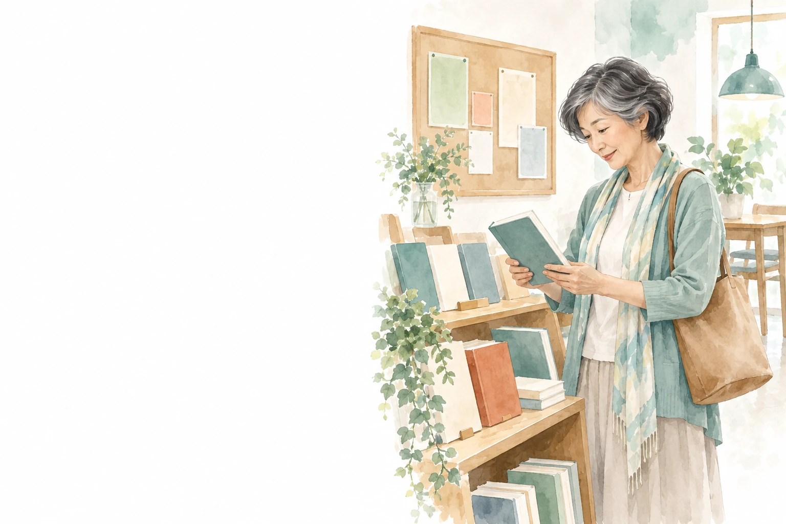 定年後に何をするか考えながら、図書館の本棚で関心のある本を手に取る女性。