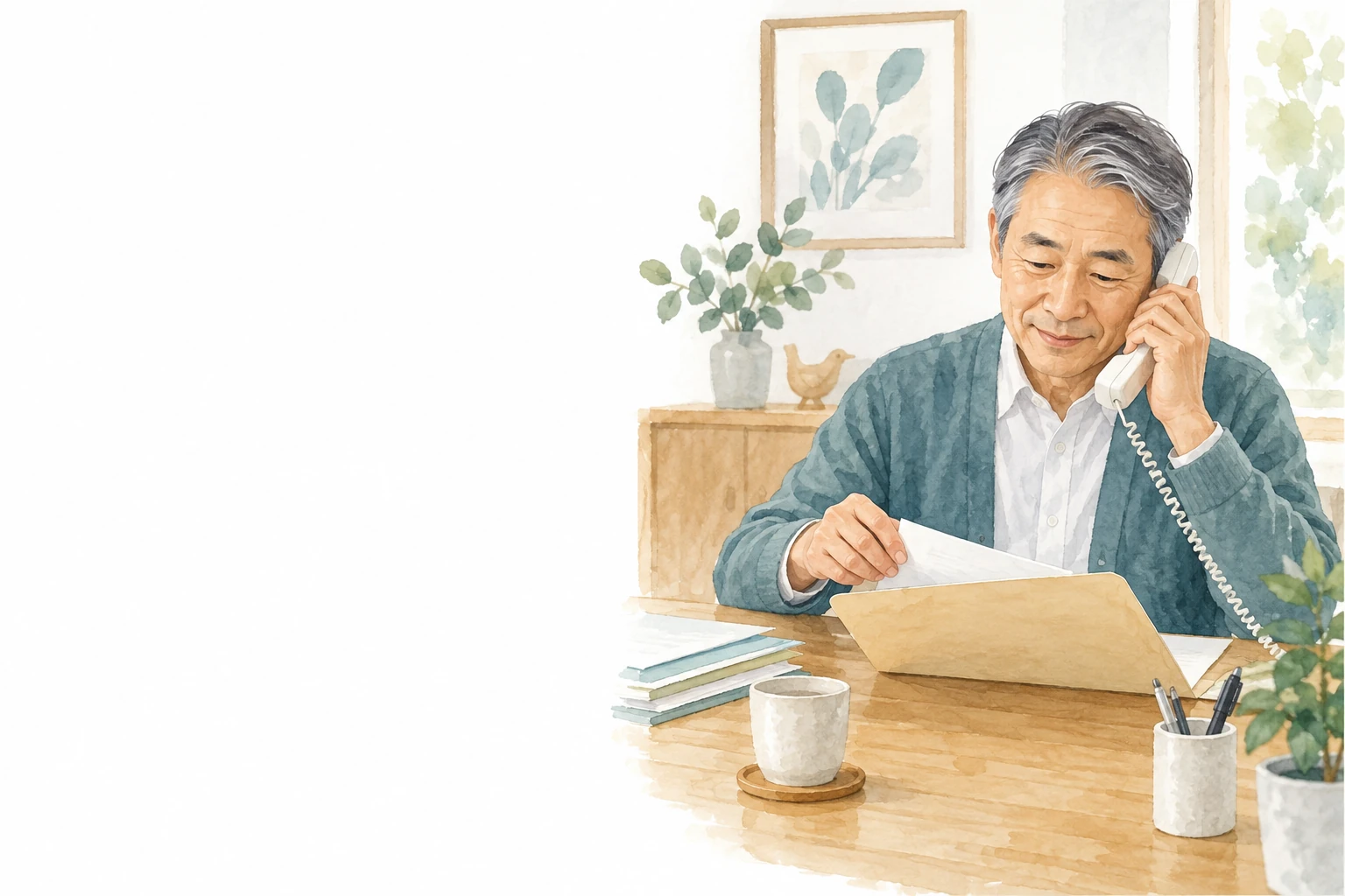定年後の親の介護について相談するため、資料を整理しながら電話をかける男性。