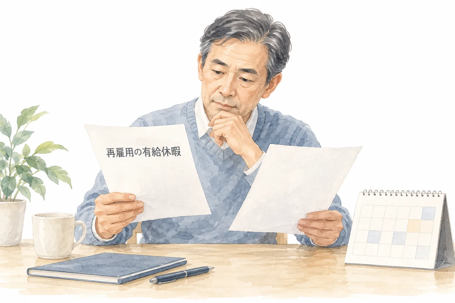 再雇用後の有給休暇を確認するため、労働条件の書面と予定表を見比べる60代の人