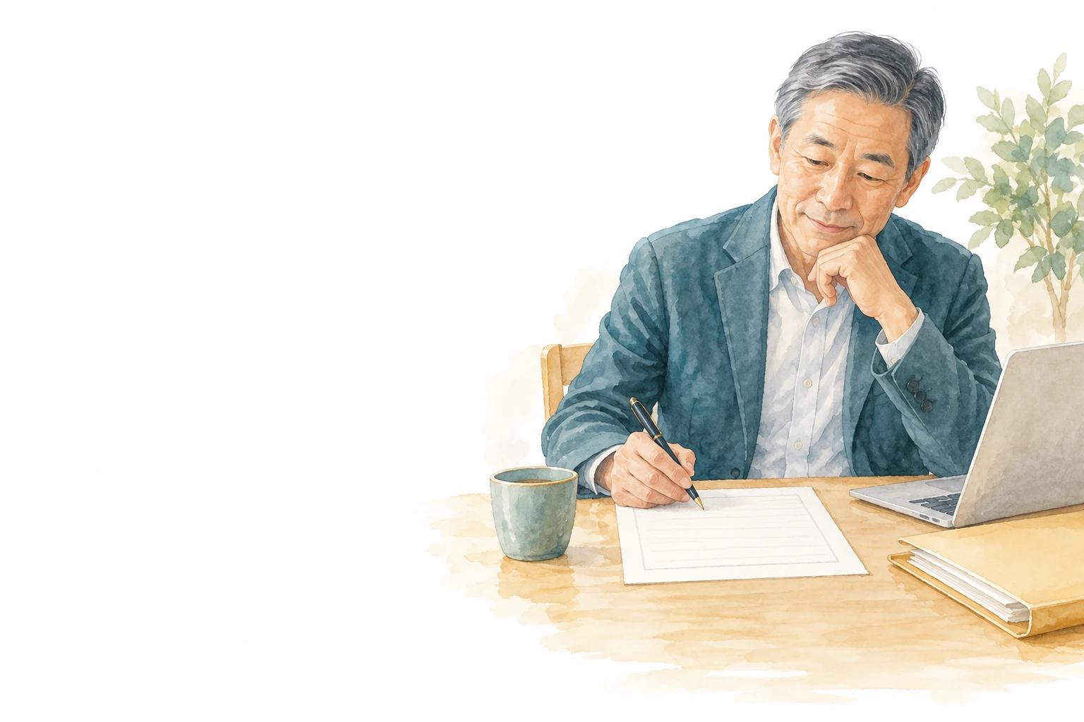 定年後の再就職に備え、ノートパソコンと書類のある机で紙にペンを走らせる男性。