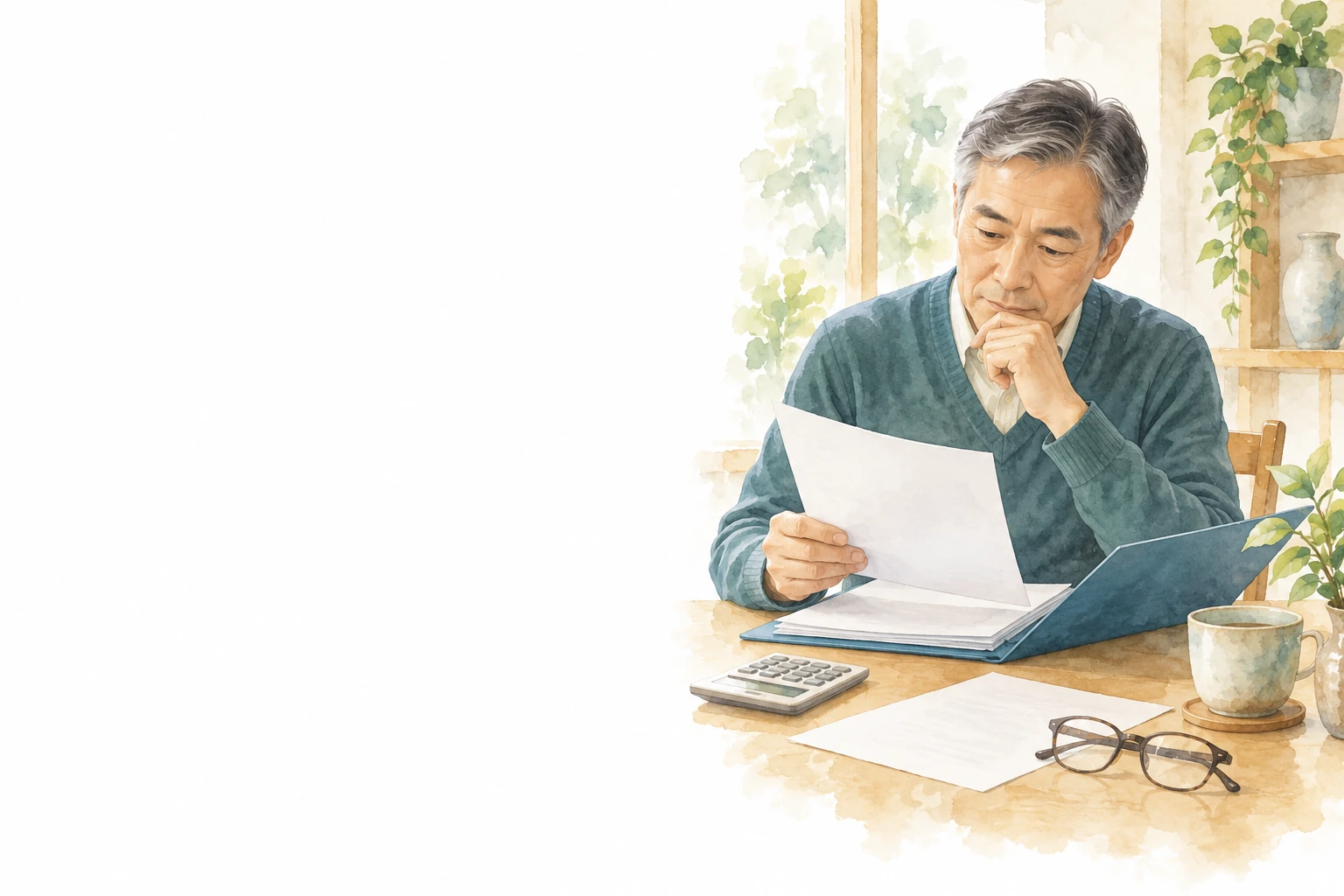 60歳の定年後に社会保険料がいくらになるか確かめるため、電卓のある机で書類を読む男性。