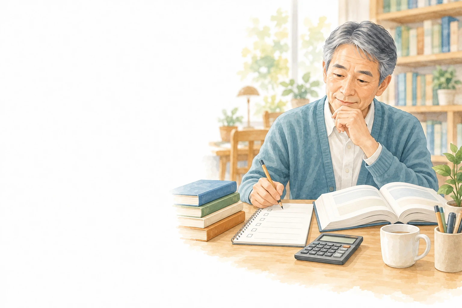 定年後の資格学習に向け、教科書と電卓のある机で計画をノートに記入する男性。