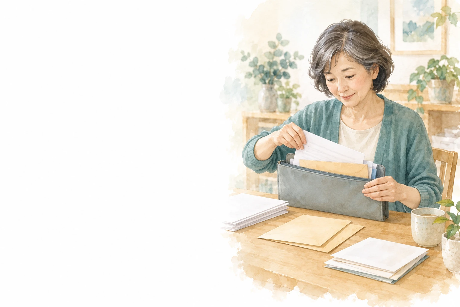 定年後の失業保険の手続きに備え、書類を灰色の書類入れにまとめる女性。