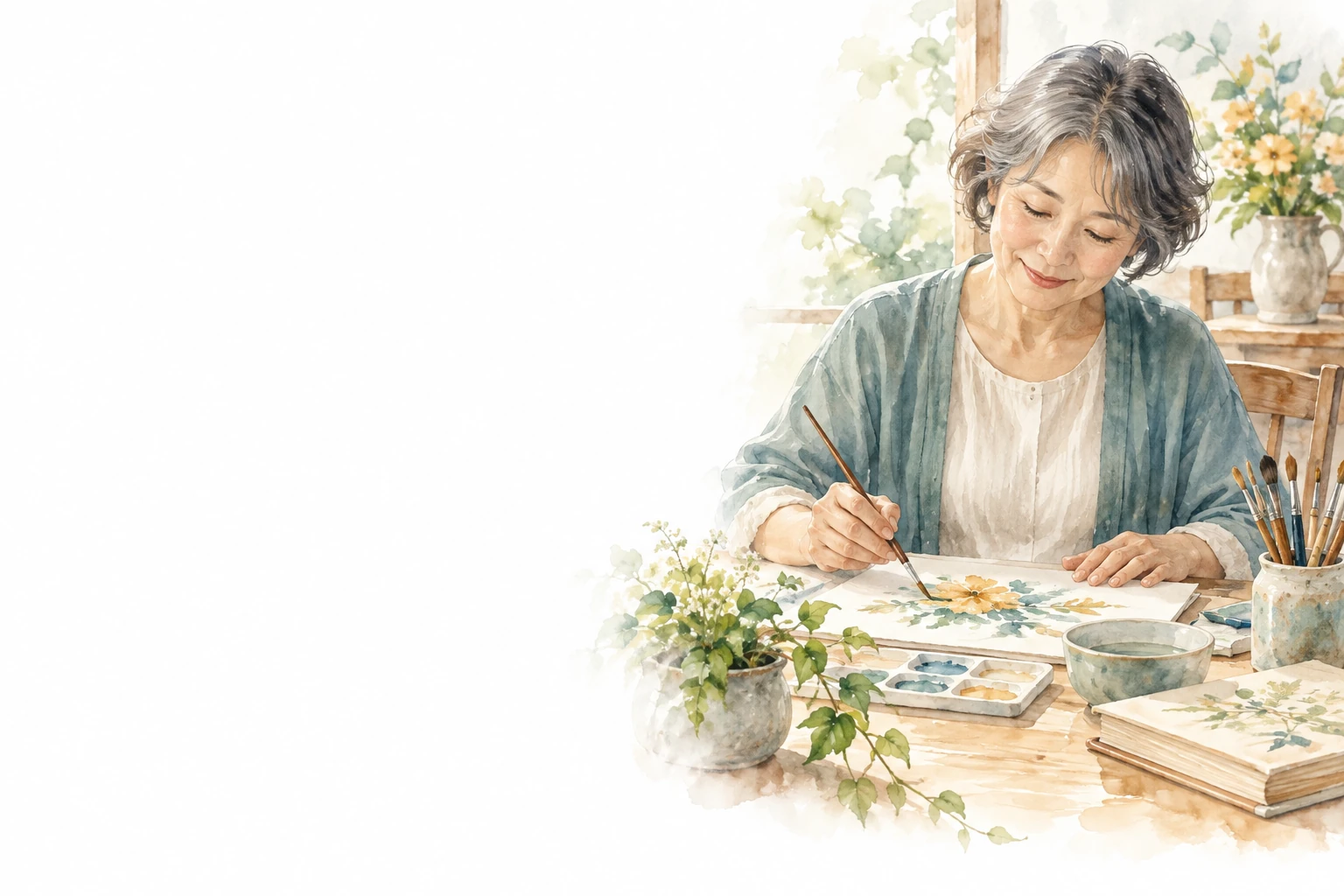 定年後の趣味として、筆と絵の具を使い花の水彩画を描く女性。