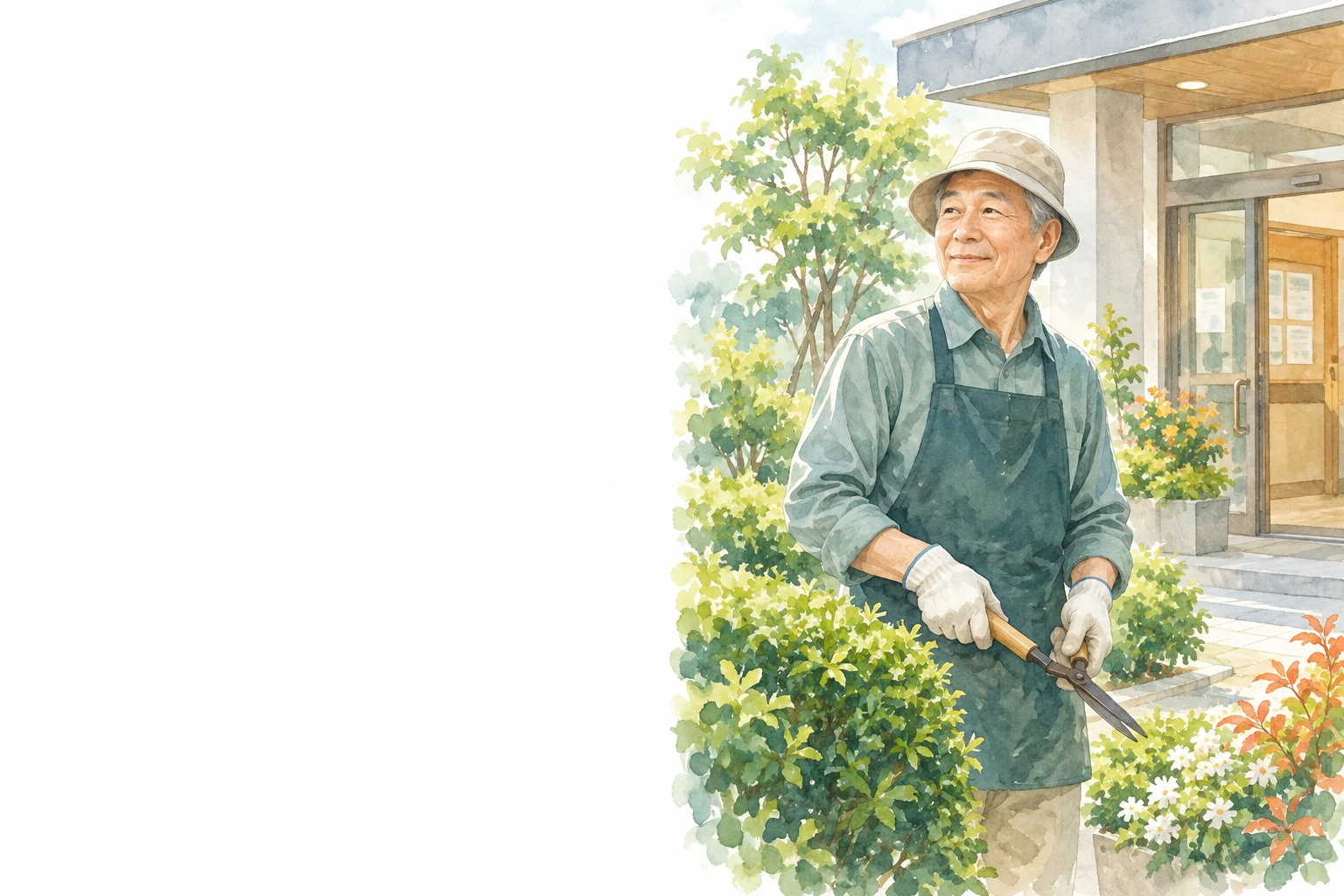 シルバー人材センターの仕事の一例として、帽子と手袋を着けて植木を剪定する男性。