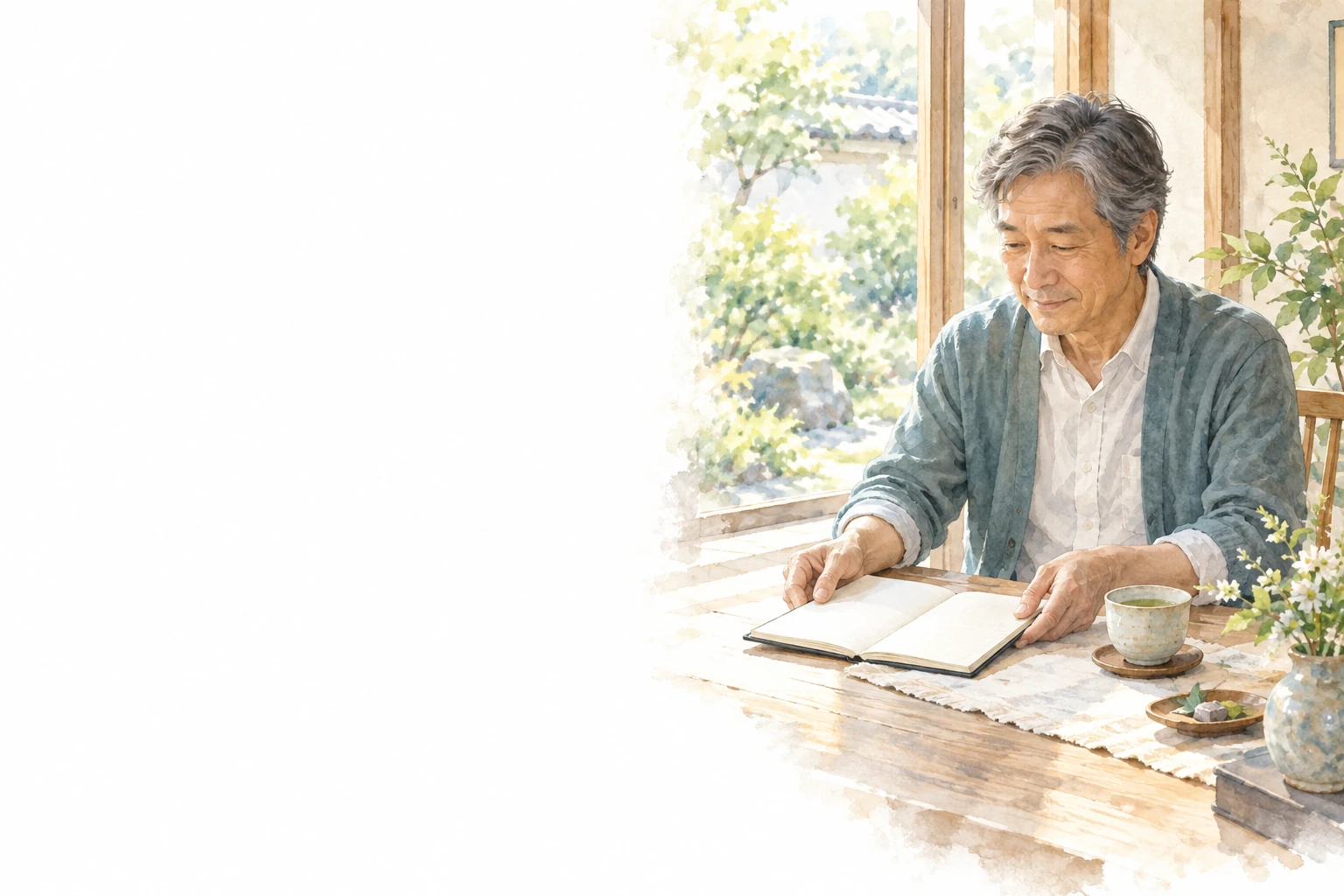 定年後の過ごし方を考えるため、窓辺の机でノートに向かう男性。そばに茶器がある。