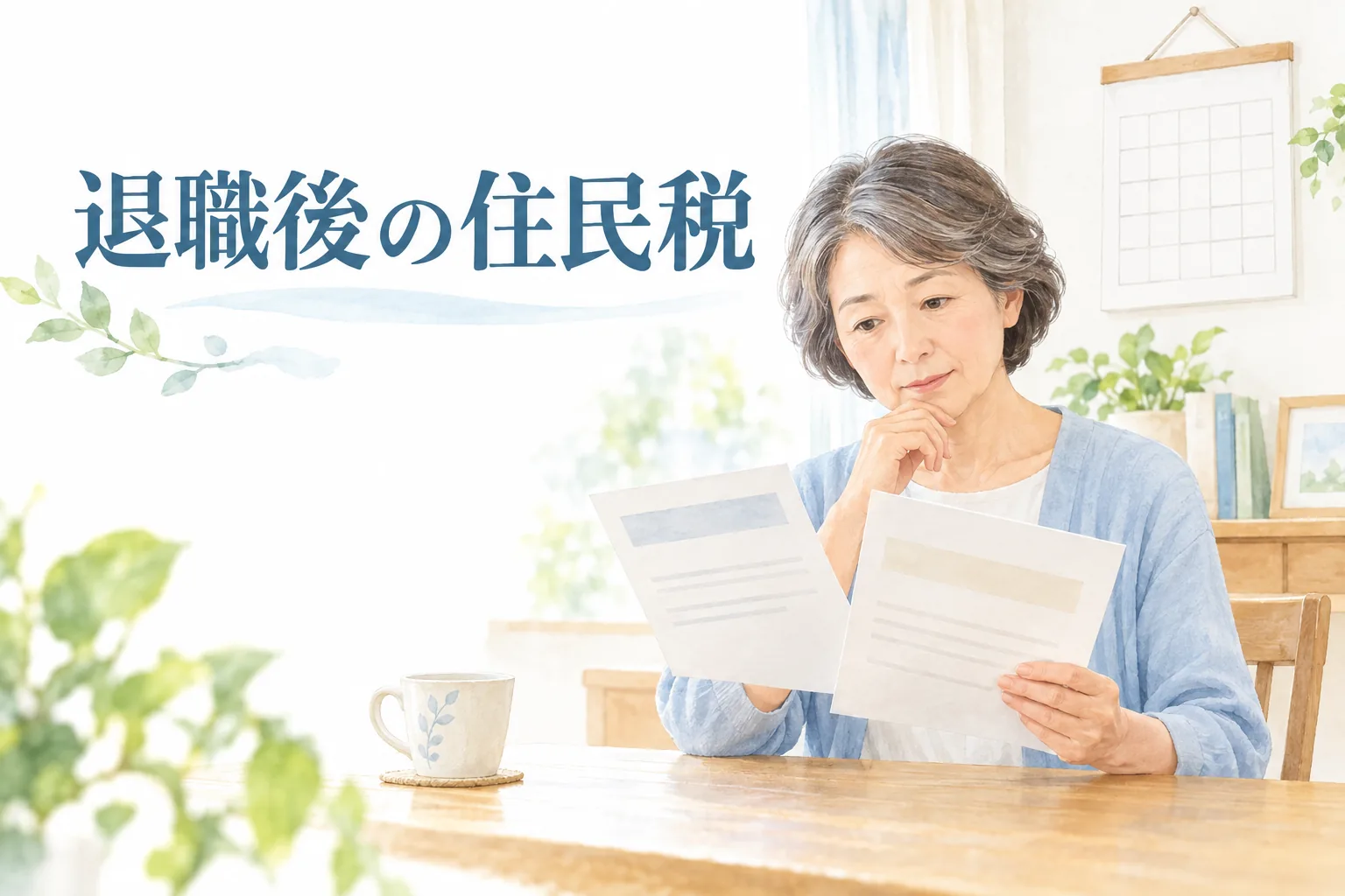 退職後に届く住民税の納付案内を机で確認する60代の女性
