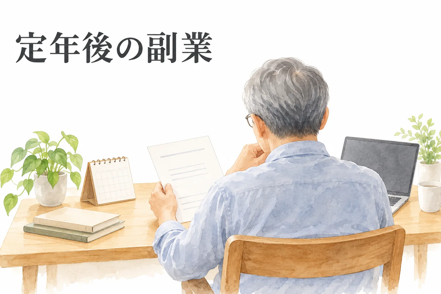 自宅の机で副業の契約書を確認する定年後の読者を描いた水彩イラスト