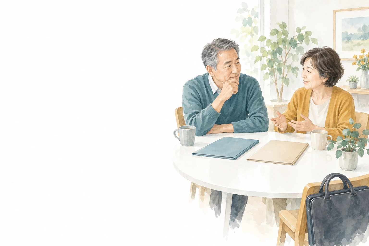 定年後の仕事について、鞄と二冊のファイルをそばに置いてテーブルで話す男女。