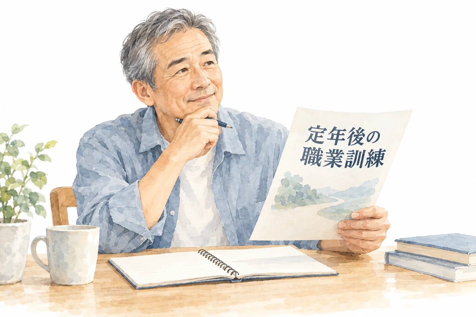 定年後の職業訓練を調べ、受講案内を読む60代の人