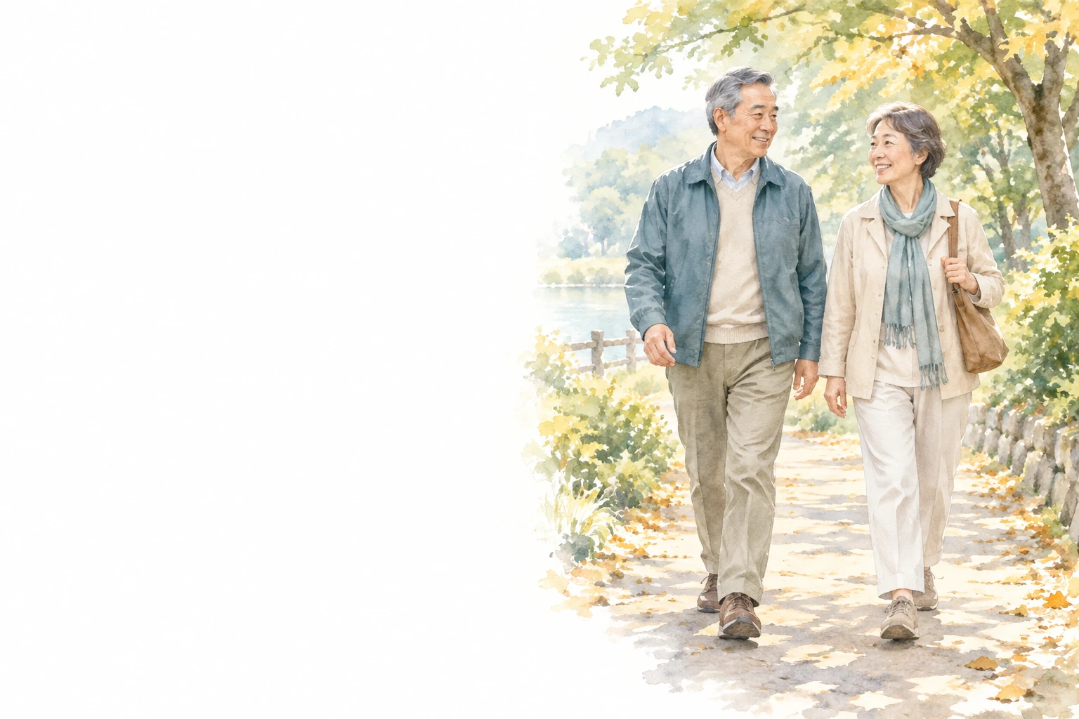 定年後の運動として、木々のある平らな公園の道を並んで歩く男女。