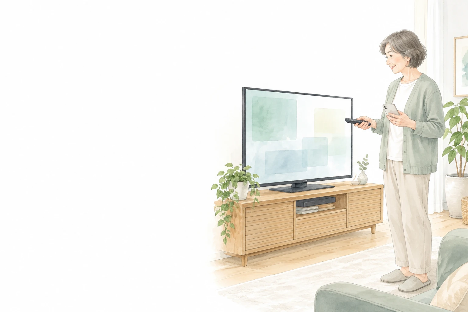 Huluをテレビで見る準備として、スマートフォンとリモコンを手に画面を確かめる女性のイメージ。