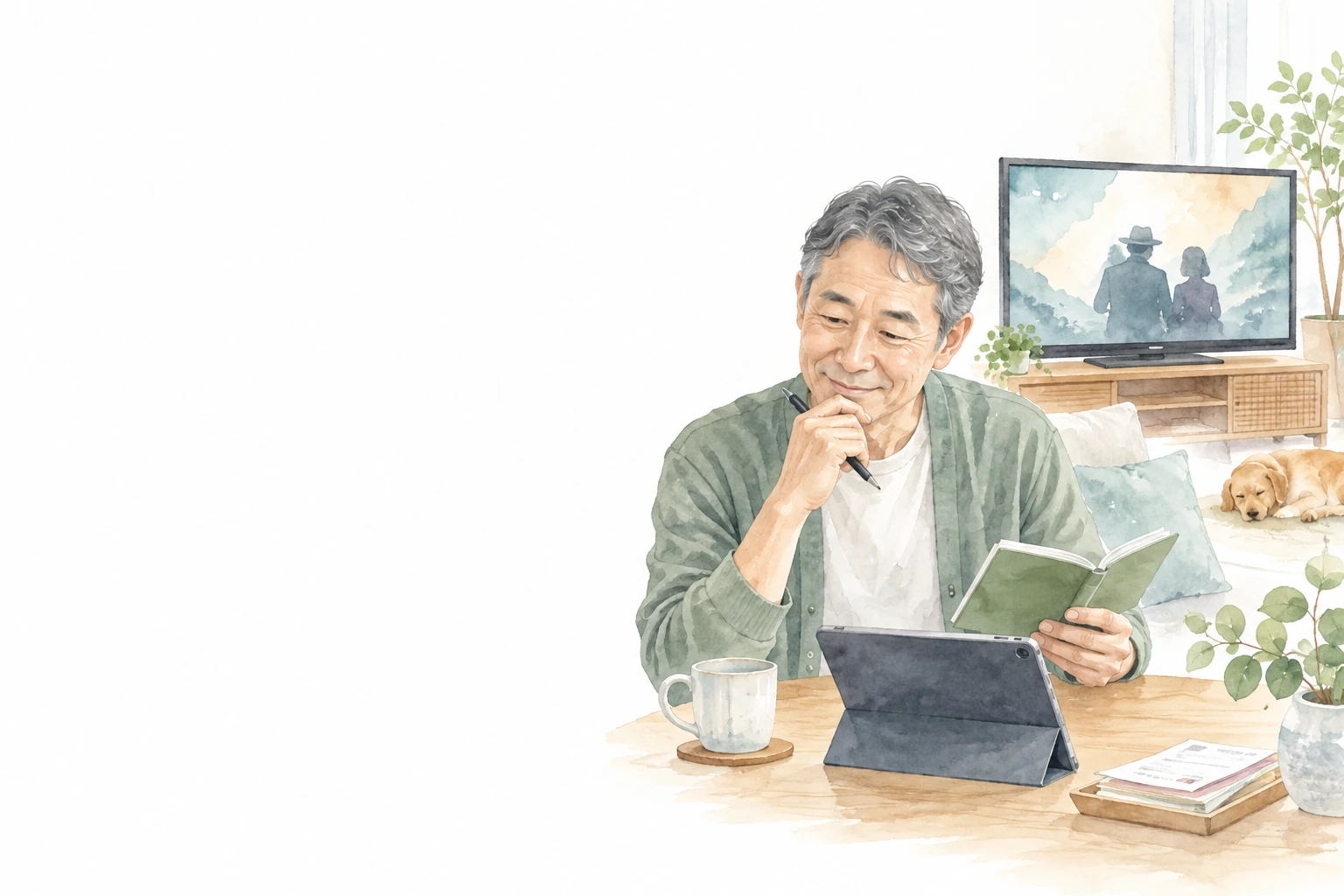 U-NEXTの料金プランを検討するため、手帳とタブレットで支払いを整理する男性のイメージ。