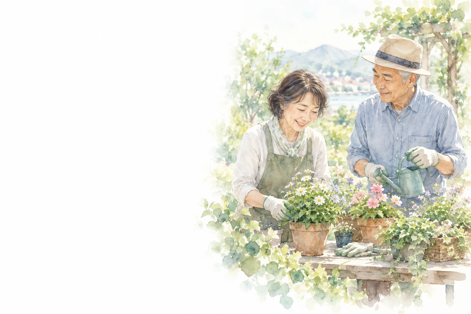 定年後のボランティアで、屋外の作業台に置いた花の鉢を二人で手入れしている。