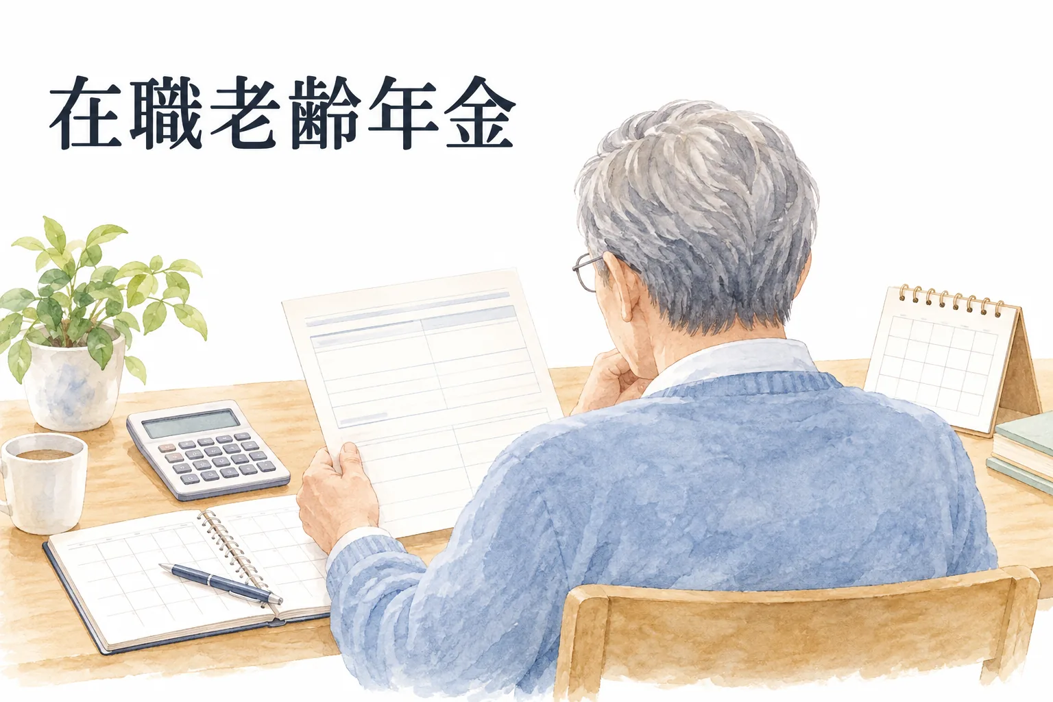 年金通知と勤務予定を自宅の机で確認する60代の読者を描いた水彩イラスト